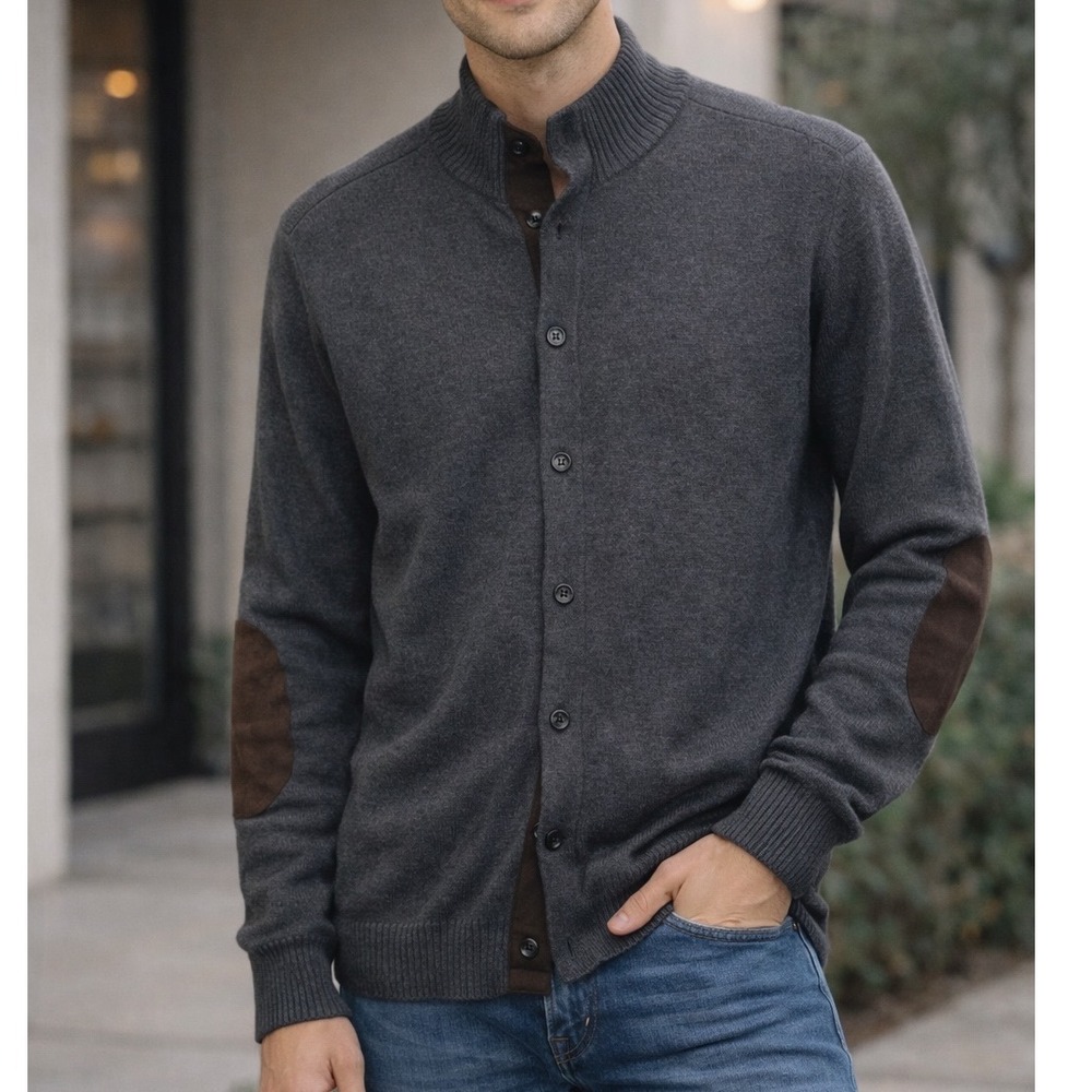 Chaps Gray Cotton Mock Neck Cardigan Suede Elbow Patches Size Large